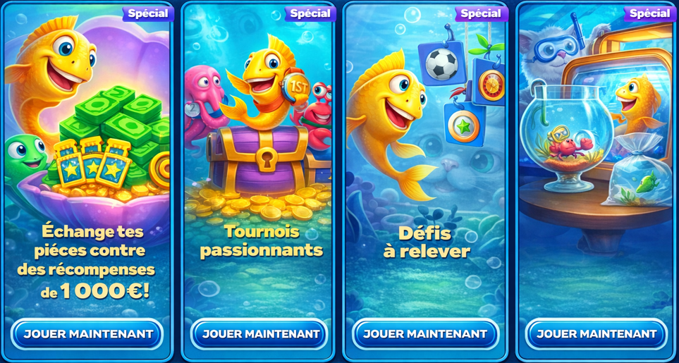 Cartoon yellow fish with a green turtle in a purple shell full of cash, coins, and reward cards, promoting