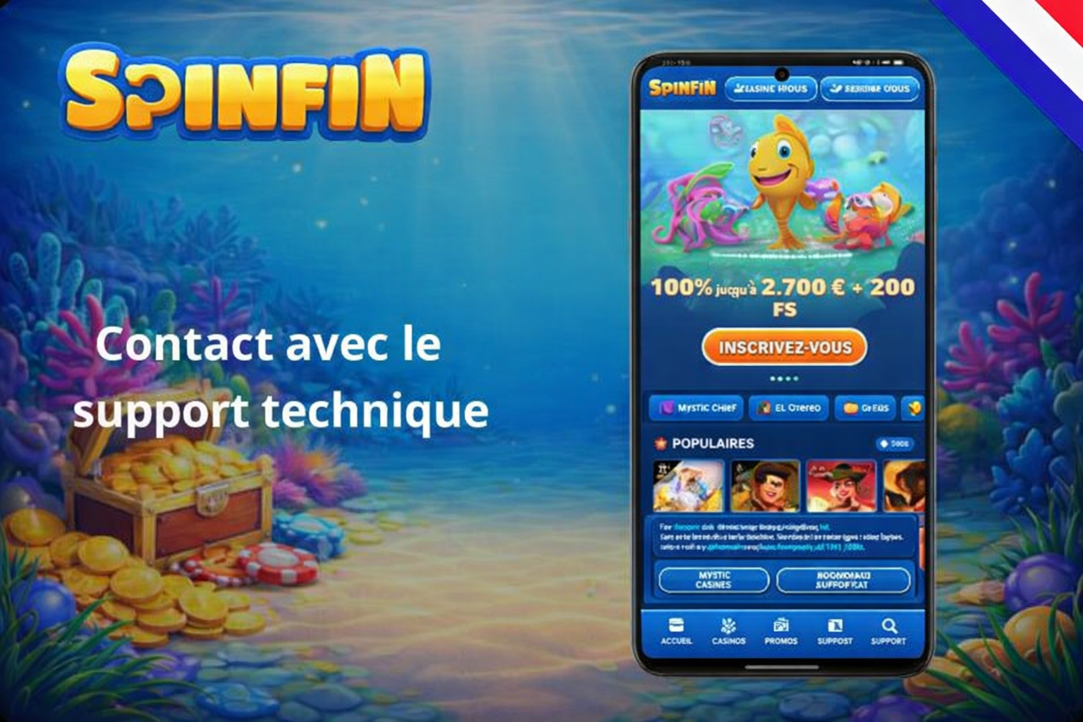 Smartphone displaying the SpinFin website, highlighting game categories: Populaires (Popular), Top, and responsible gaming tips.