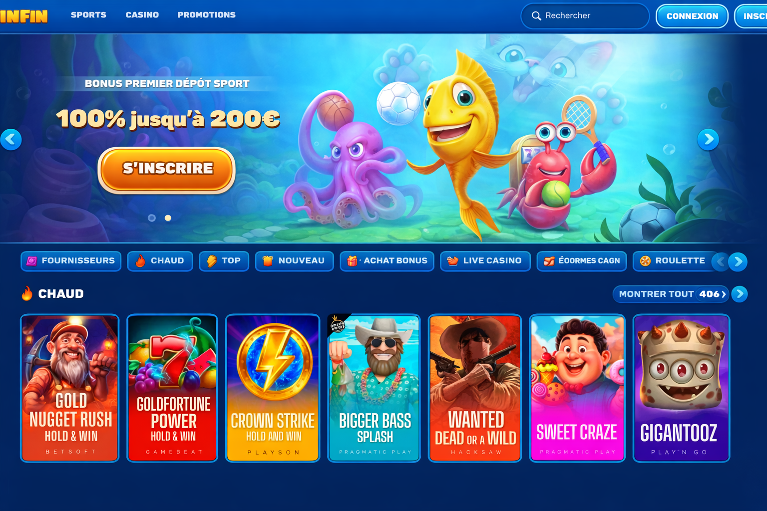Online casino website header with cartoon underwater theme, showing octopus holding cards, fish holding poker chips, and crab with coins